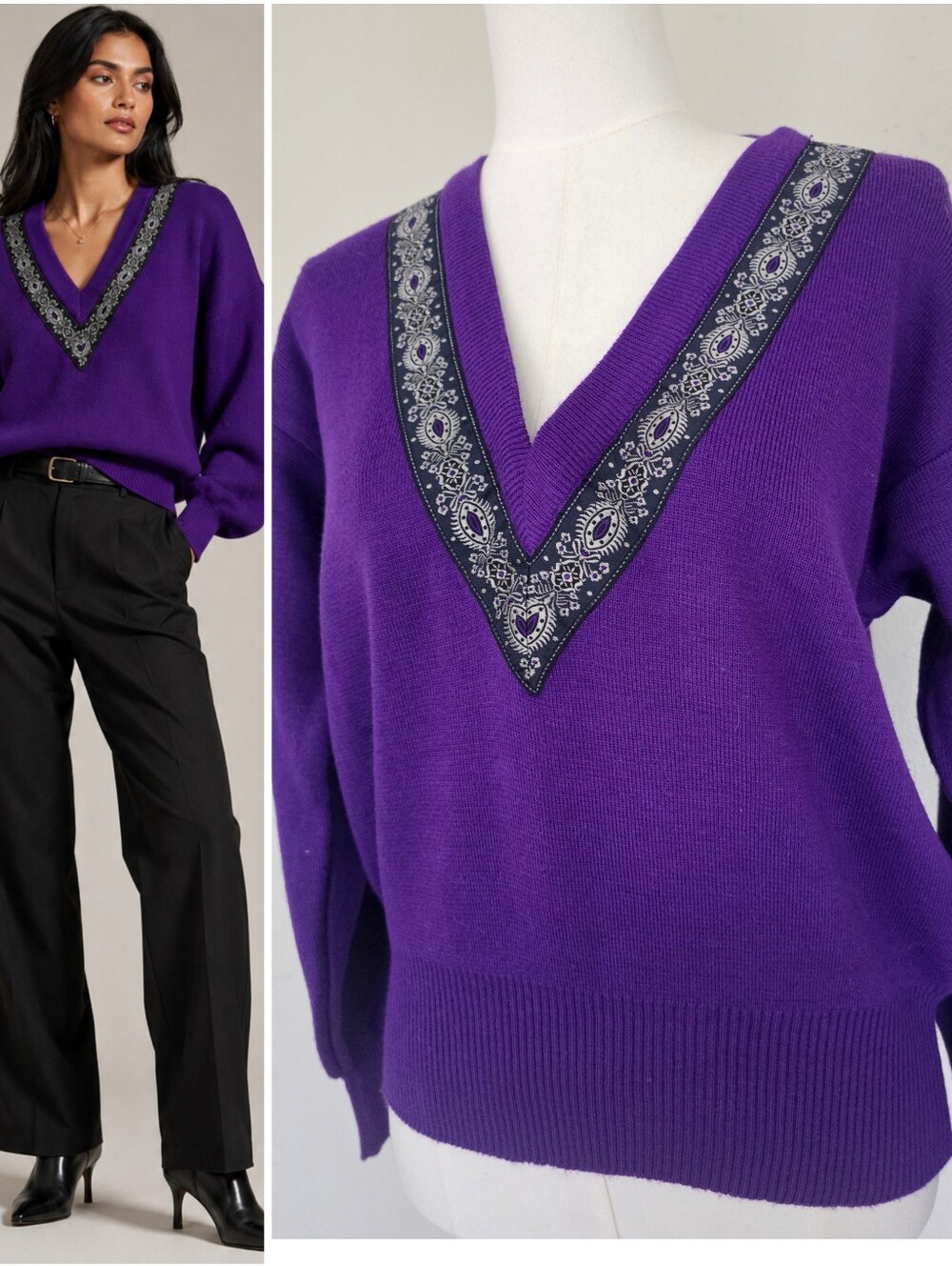 Vintage 1980s Meister Purple Wool Blend Embellished V-Neck  Oversided S